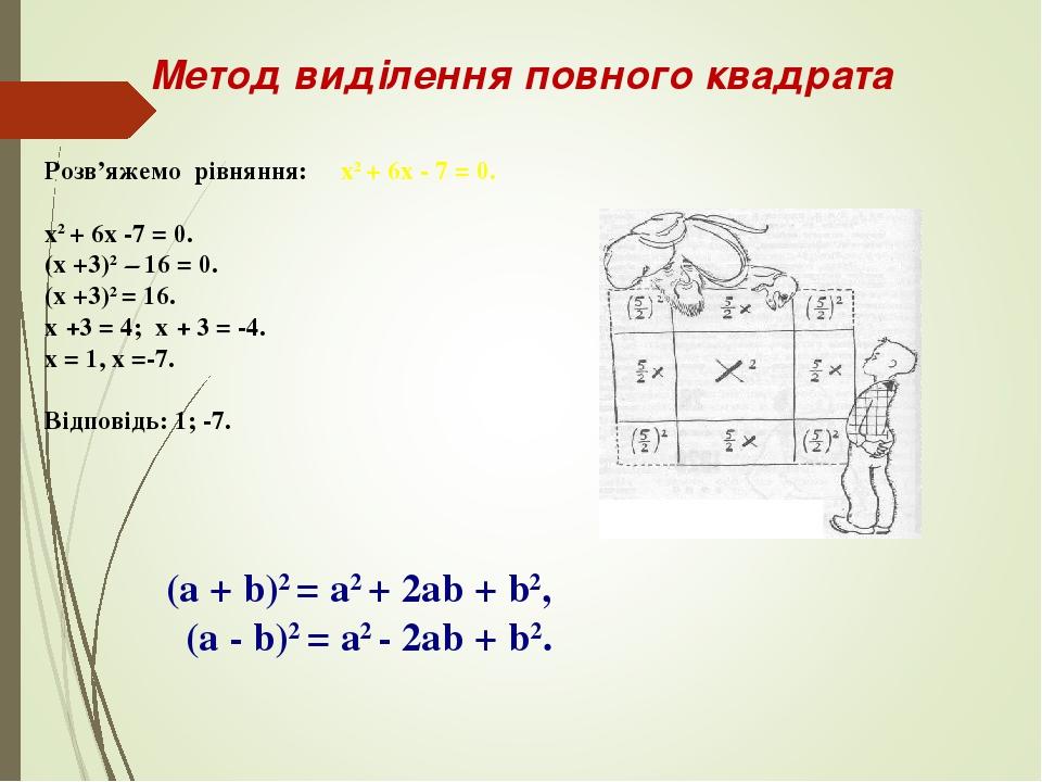 Розв’яжемо рівняння: х2 + 6х - 7 = 0. х2 + 6х -7 = 0. (х +3)2 – 16 = 0. (х +3)2 = 16. х +3 = 4; х + 3 = -4. х = 1, х =-7. Відповідь: 1; -7. Метод в...