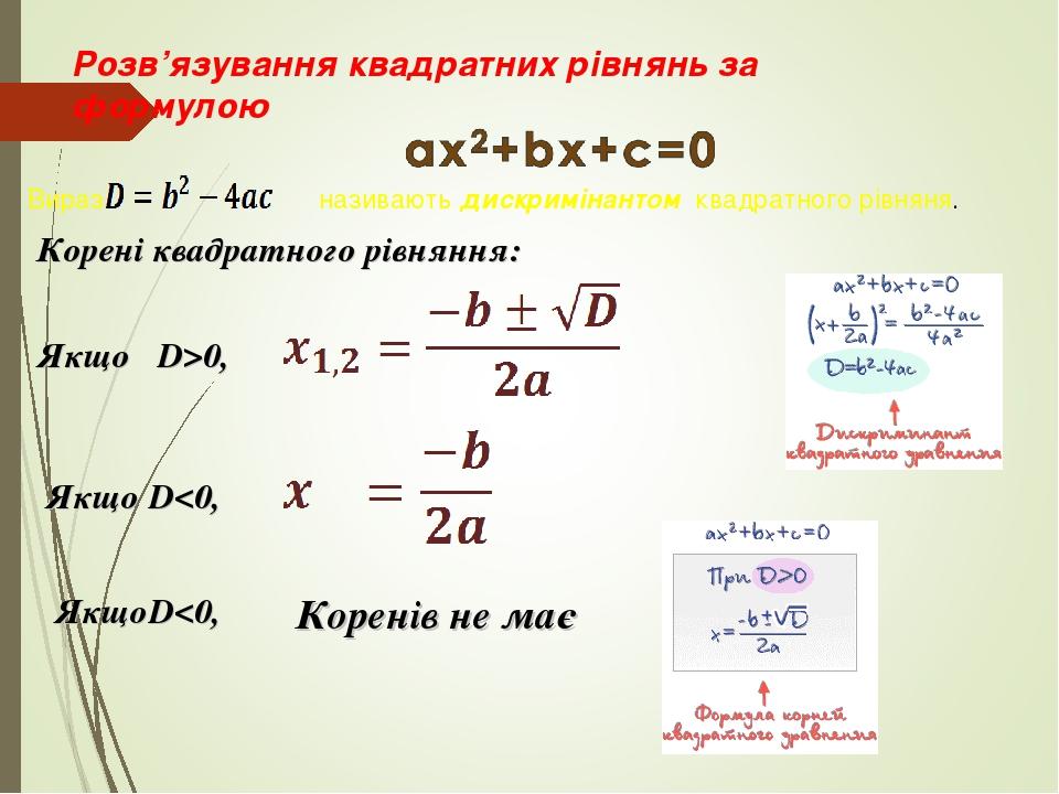 Корені квадратного рівняння: Якщо D>0, Якщо D<0, ЯкщоD<0, Коренів не має Розв’язування квадратних рівнянь за формулою Вираз називають дискримінанто...