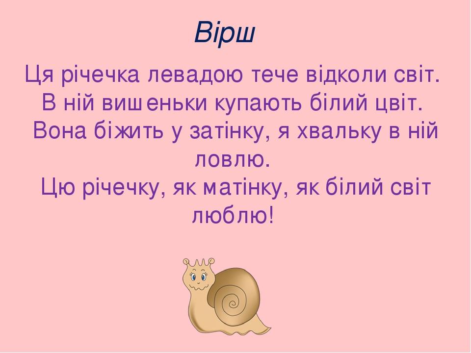 Вірш Ця річечка левадою тече відколи світ. В ній вишеньки купають білий цвіт. Вона біжить у затінку, я хвальку в ній ловлю. Цю річечку, як матінку,...
