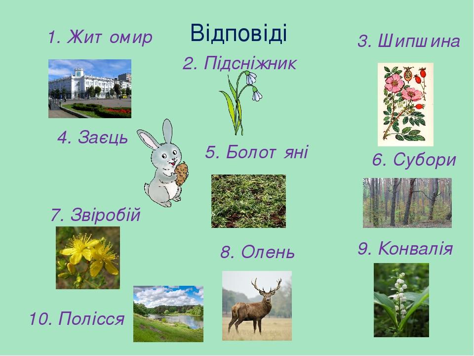 Відповіді 1. Житомир 2. Підсніжник 3. Шипшина 4. Заєць 5. Болотяні 6. Субори 7. Звіробій 8. Олень 9. Конвалія 10. Полісся