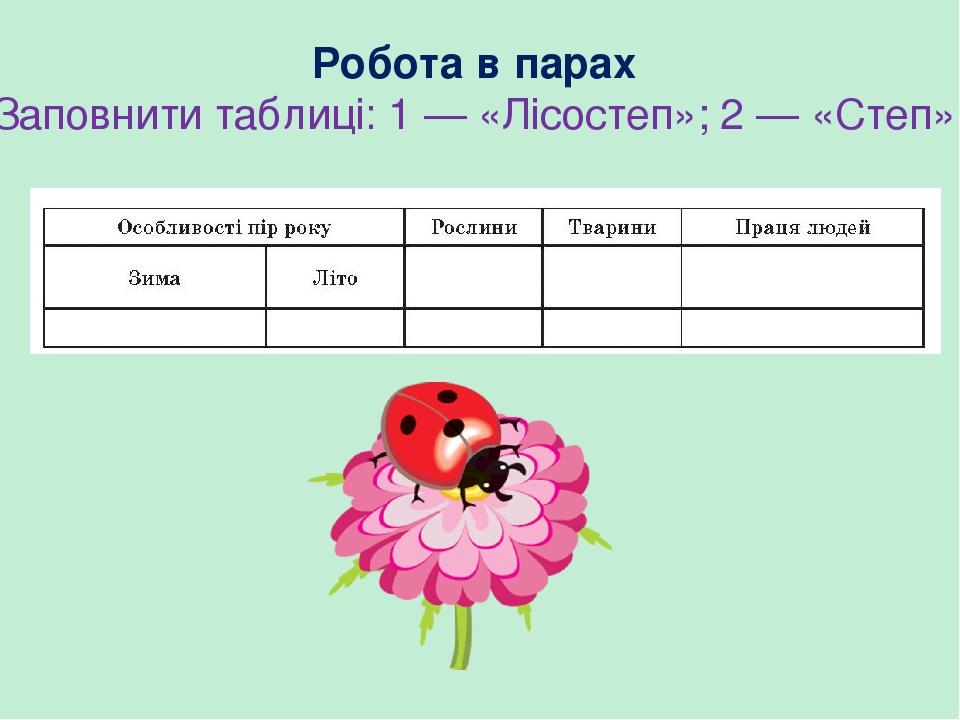 Робота в парах Заповнити таблиці: 1 — «Лісостеп»; 2 — «Степ»