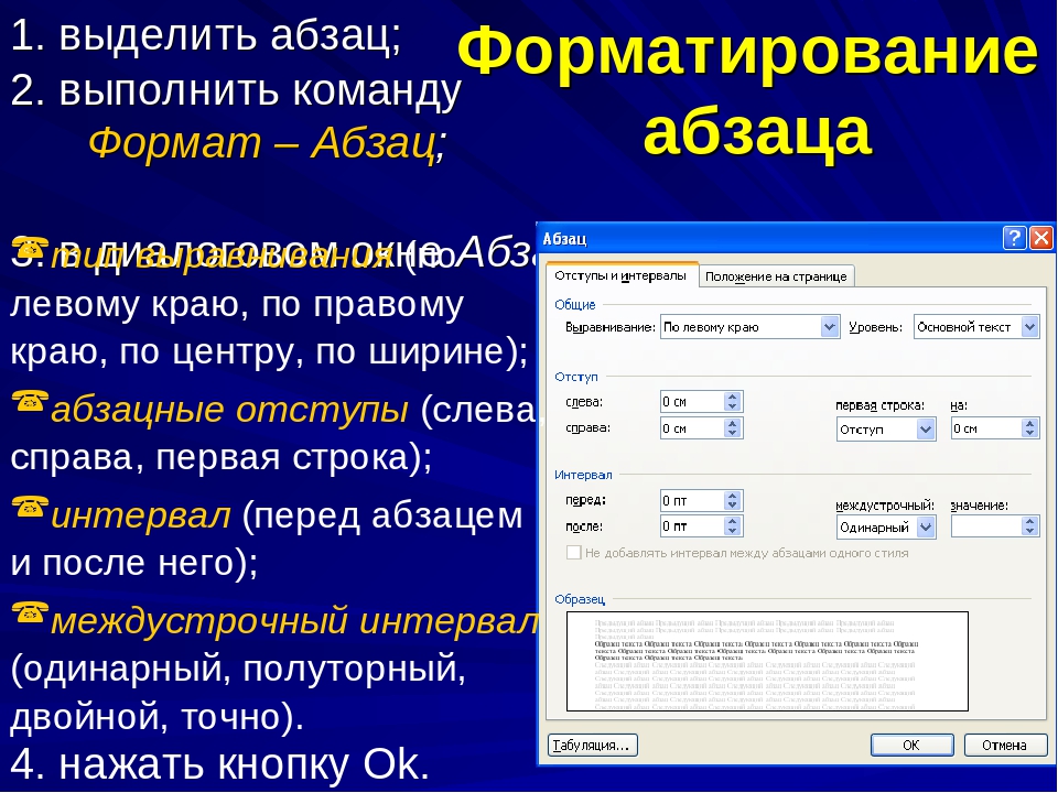 Согласно абзацу. Параметры форматирования абзаца. Параметры диалогового окна Абзац.