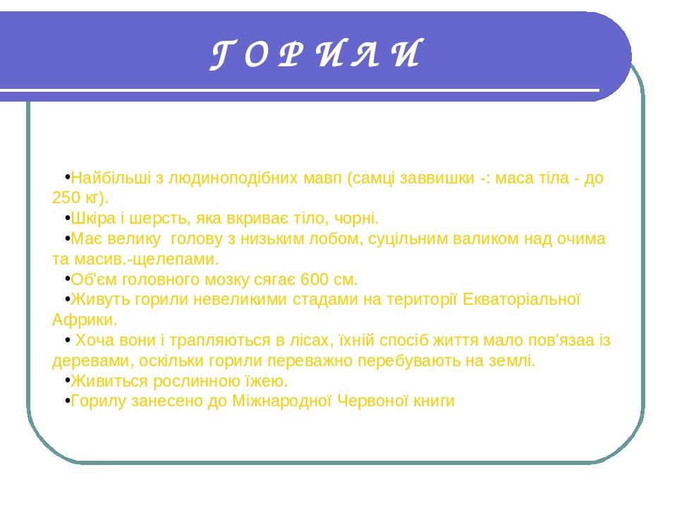 Г О Р И Л И Найбільші з людиноподібних мавп (самці заввишки -: маса тіла - до 250 кг). Шкіра і шерсть, яка вкриває тіло, чорні. Має велику голову з...