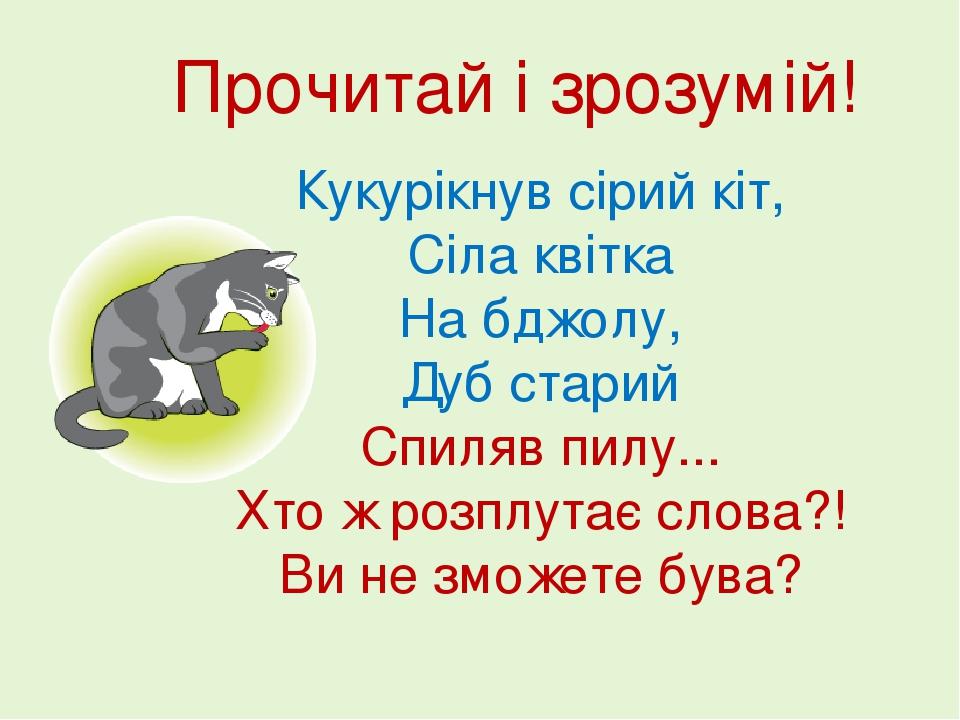 Кукурікнув сірий кіт, Сіла квітка На бджолу, Дуб старий Спиляв пилу... Хто ж розплутає слова?! Ви не зможете бува? Прочитай і зрозумій!