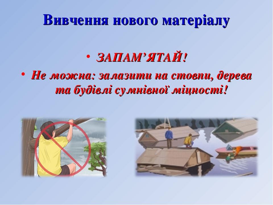 Вивчення нового матеріалу ЗАПАМ’ЯТАЙ! Не можна: залазити на стовпи, дерева та будівлі сумнівної міцності!