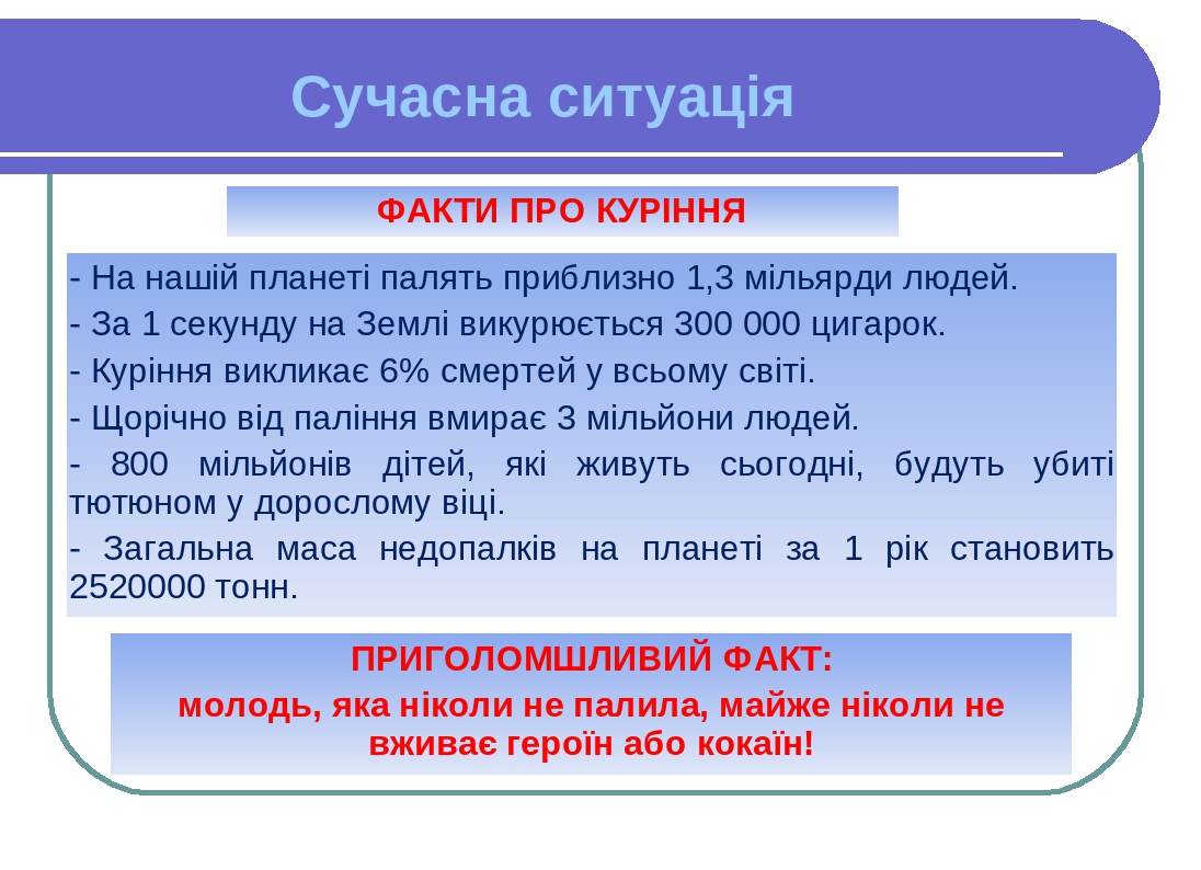 Сучасна ситуація - На нашій планеті палять приблизно 1,3 мільярди людей. - За 1 секунду на Землі викурюється 300 000 цигарок. - Куріння викликає 6%...