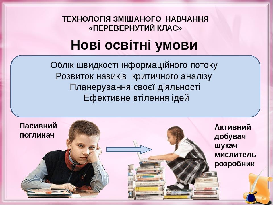 ТЕХНОЛОГІЯ ЗМІШАНОГО НАВЧАННЯ «ПЕРЕВЕРНУТИЙ КЛАС» Нові освітні умови Облік швидкості інформаційного потоку Розвиток навиків критичного аналізу План...
