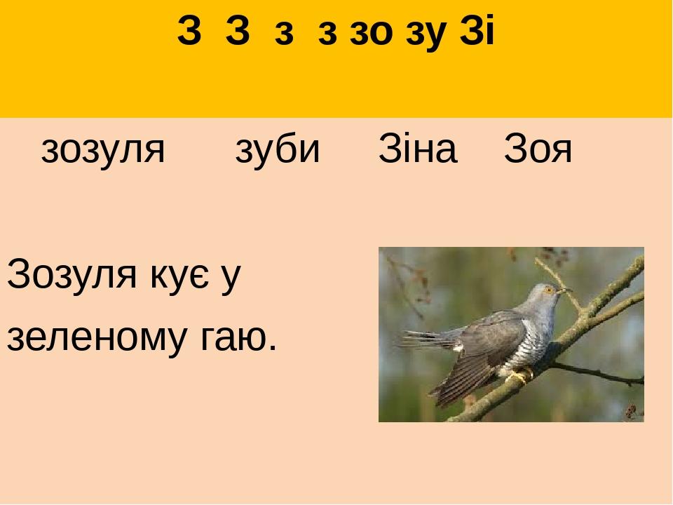З З з з зо зу Зі зозуля зуби Зіна Зоя Зозуля кує у зеленому гаю.