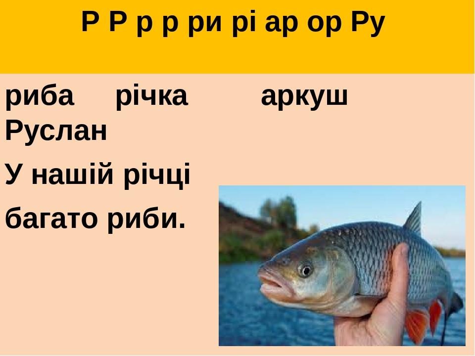 Р Р р р ри рі ар ор Ру риба річка аркуш Руслан У нашій річці багато риби.