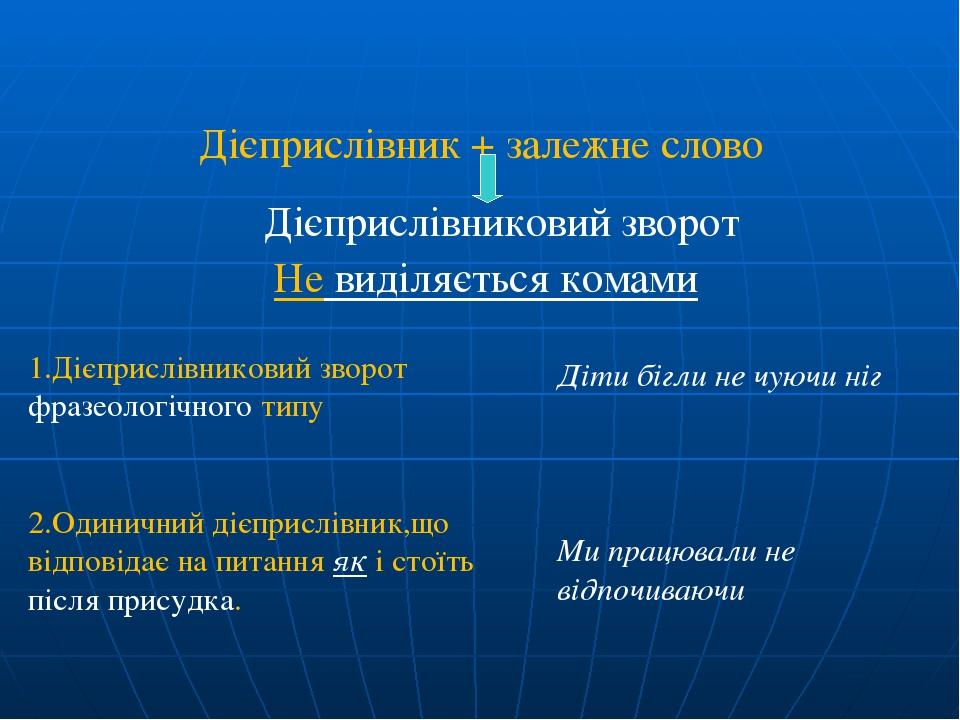 Дієприслівник + залежне слово Дієприслівниковий зворот Не виділяється комами 1.Дієприслівниковий зворот фразеологічного типу 2.Одиничний дієприслів...