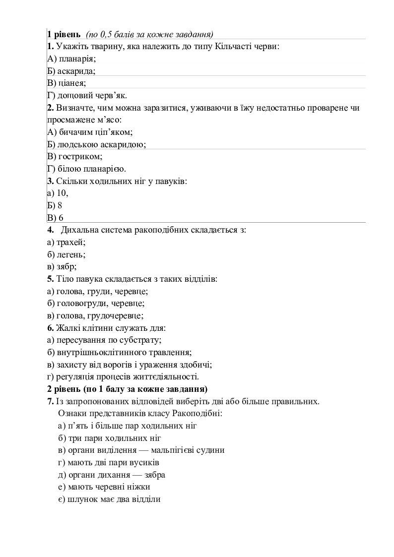 Контрольна робота з біології 7 клас | Конспект. Біологія
