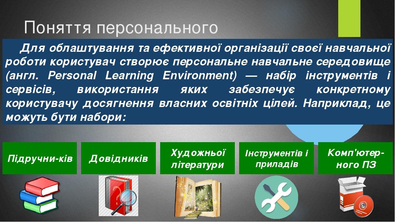 Поняття персонального навчального середовища та хмарні сервіси Для облаштування та ефективної організації своєї навчальної роботи користувач створю...