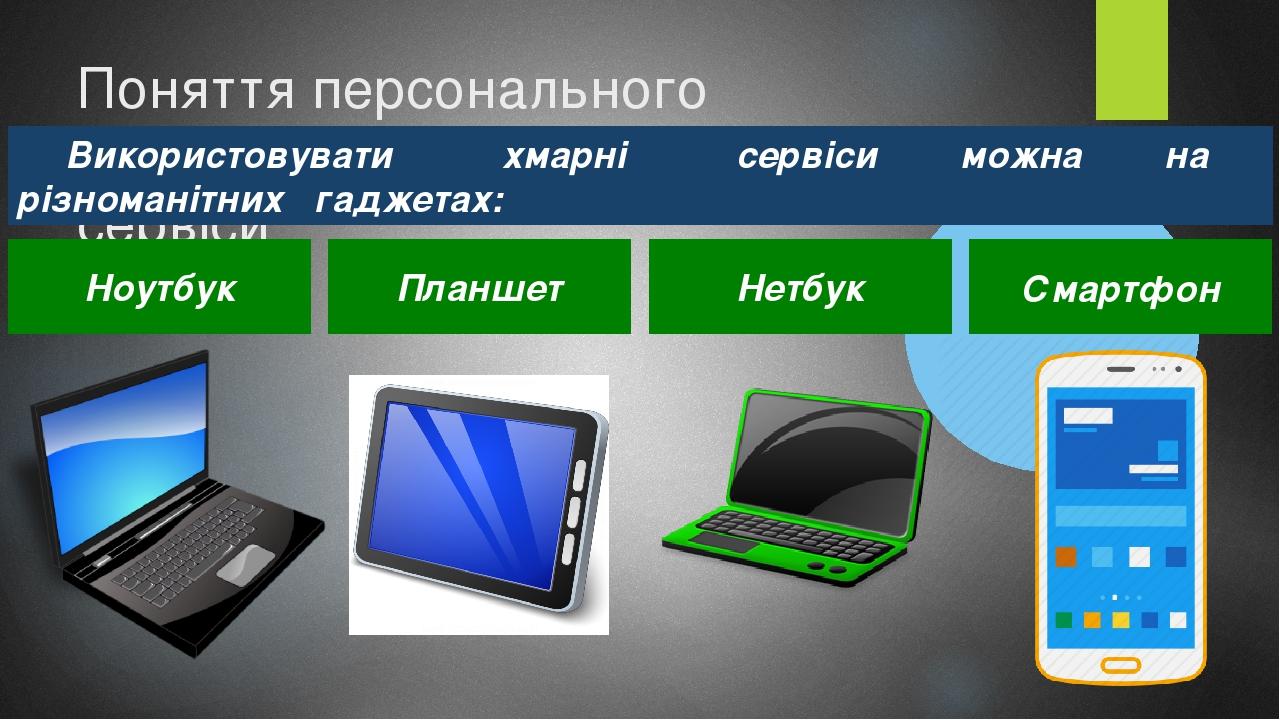 Поняття персонального навчального середовища та хмарні сервіси Використовувати хмарні сервіси можна на різноманітних гаджетах: Ноутбук Планшет Нетб...