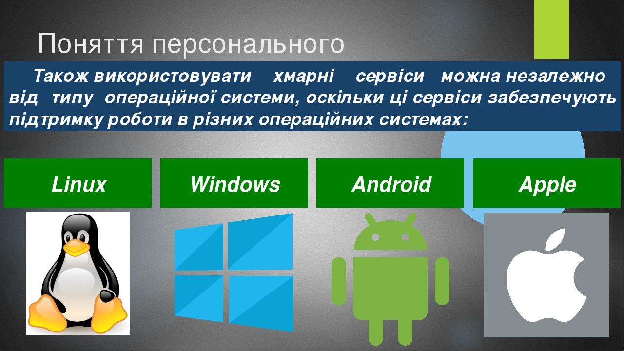 Поняття персонального навчального середовища та хмарні сервіси Також використовувати хмарні сервіси можна незалежно від типу операційної системи, о...