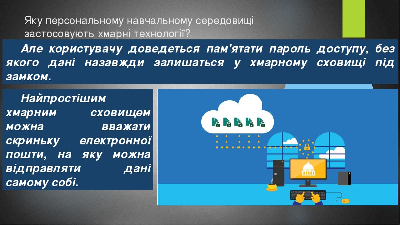 Яку персональному навчальному середовищі застосовують хмарні технології? Але користувачу доведеться пам'ятати пароль доступу, без якого дані назавж...