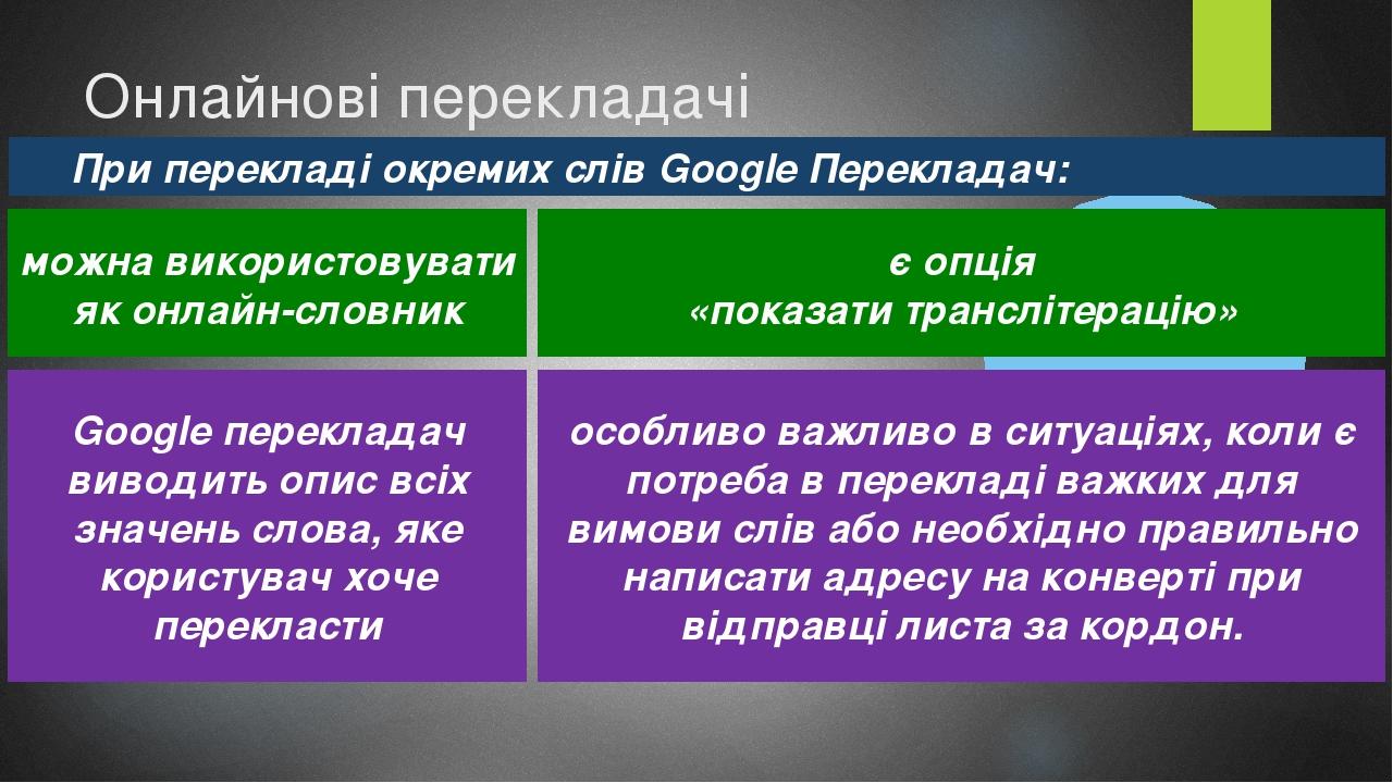 Онлайнові перекладачі При перекладі окремих слів Google Перекладач: можна використовувати як онлайн-словник є опція «показати транслітерацію» Googl...