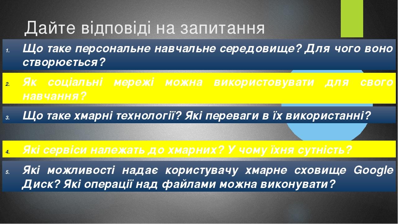 Дайте відповіді на запитання Що таке персональне навчальне середовище? Для чого воно створюється? Як соціальні мережі можна використовувати для сво...