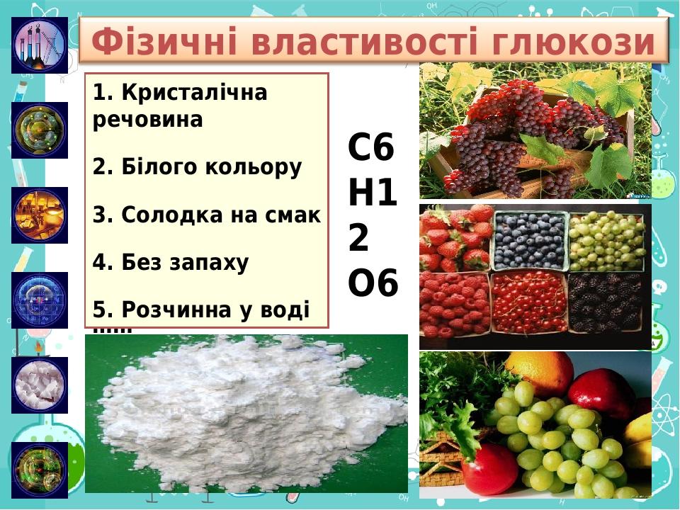 C6 H12 O6 1. …… 2. …… 3. …… 4. …… 5. …… 1. Кристалічна речовина 2. Білого кольору 3. Солодка на смак 4. Без запаху 5. Розчинна у воді Фізичні власт...