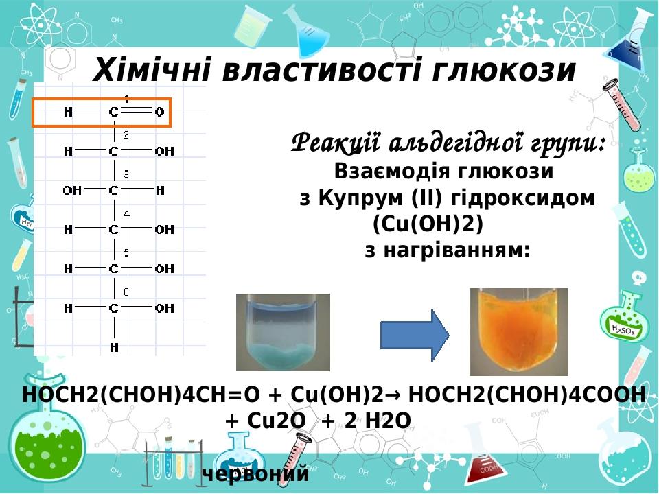 Реакції альдегідної групи: Взаємодія глюкози з Купрум (II) гідроксидом (Cu(OH)2) з нагріванням: Хімічні властивості глюкози НОСН2(СНОН)4СН=О + Cu(O...