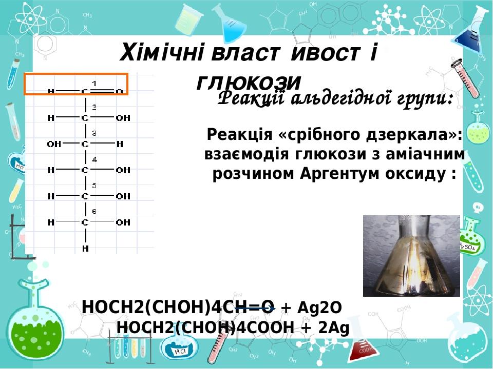 Реакції альдегідної групи: Реакція «срібного дзеркала»: взаємодія глюкози з аміачним розчином Аргентум оксиду : HOCH2(CHOH)4CH=O + Ag2O HOCH2(CHOH)...