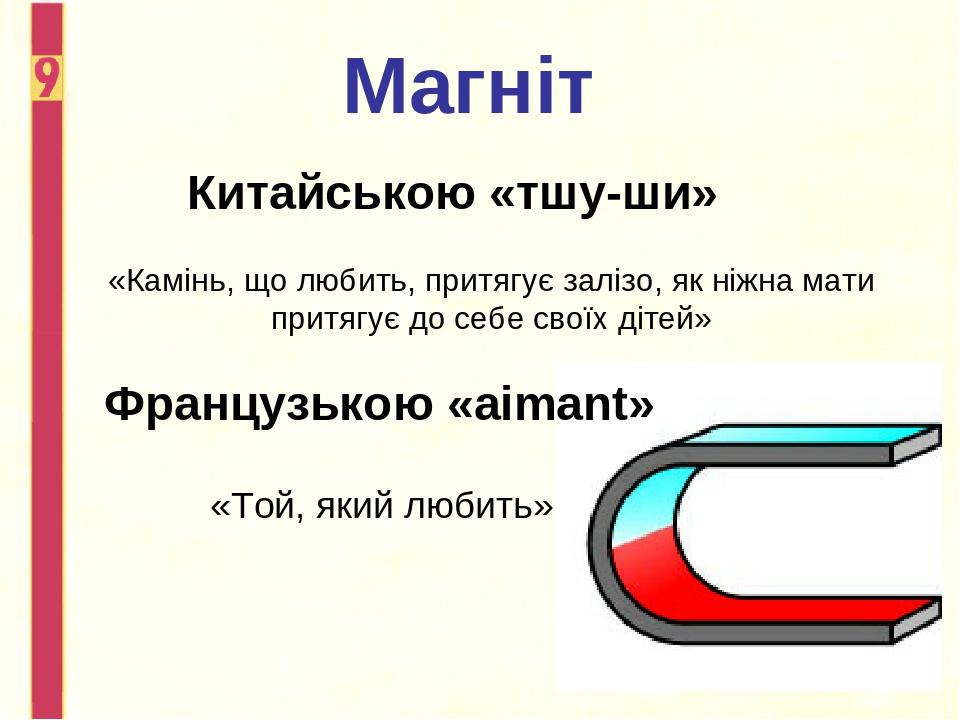 Магніт Китайською «тшу-ши» «Камінь, що любить, притягує залізо, як ніжна мати притягує до себе своїх дітей» Французькою «aimant» «Той, який любить»