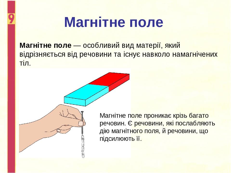 Магнітне поле Магнітне поле — особливий вид матерії, який відрізняється від речовини та існує навколо намагнічених тіл. Магнітне поле проникає кріз...