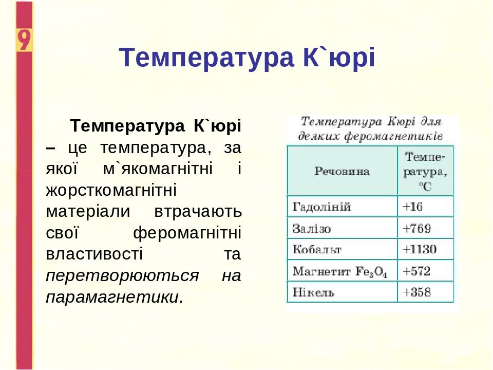 Температура К`юрі Температура К`юрі – це температура, за якої м`якомагнітні і жорсткомагнітні матеріали втрачають свої феромагнітні властивості та ...