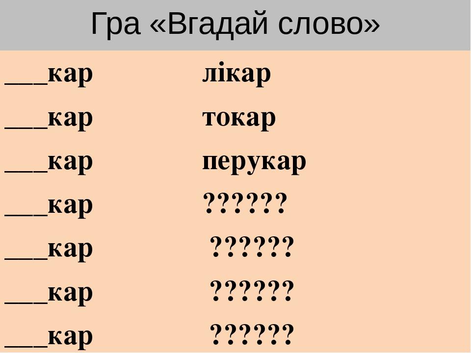 Гра «Вгадай слово» ___кар лікар ___кар токар ___кар перукар ___кар ?????? ___кар ?????? ___кар ?????? ___кар ??????