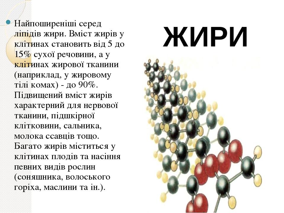 Найпоширеніші серед ліпідів жири. Вміст жирів у клітинах становить від 5 до 15% сухої речовини, а у клітинах жирової тканини (наприклад, у жировому...