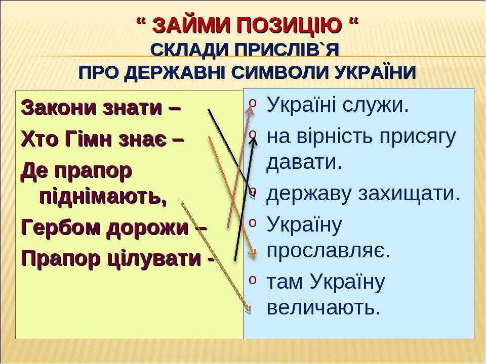 “ ЗАЙМИ ПОЗИЦІЮ “ СКЛАДИ ПРИСЛІВ`Я ПРО ДЕРЖАВНІ СИМВОЛИ УКРАЇНИ Закони знати – Хто Гімн знає – Де прапор піднімають, Гербом дорожи – Прапор цілуват...