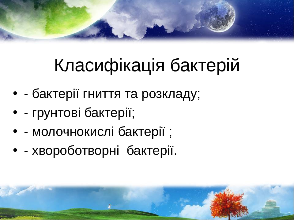 Класифікація бактерій - бактерії гниття та розкладу; - грунтові бактерії; - молочнокислі бактерії ; - хвороботворні бактерії.