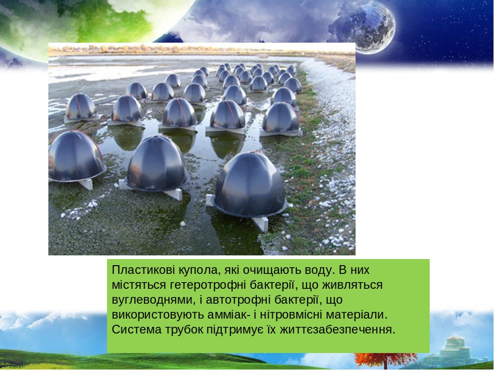 Пластикові купола, які очищають воду. В них містяться гетеротрофні бактерії, що живляться вуглеводнями, і автотрофні бактерії, що використовують ам...