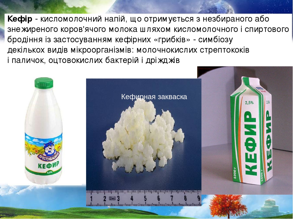 Кефір - кисломолочний напій, що отримується з незбираного або знежиреного коров'ячого молока шляхом кисломолочного і спиртового бродіння із застосу...