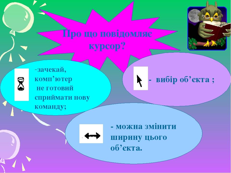 Про що повідомляє курсор? зачекай, комп’ютер не готовий сприймати нову команду; - вибір об’єкта ; - можна змінити ширину цього об’єкта.