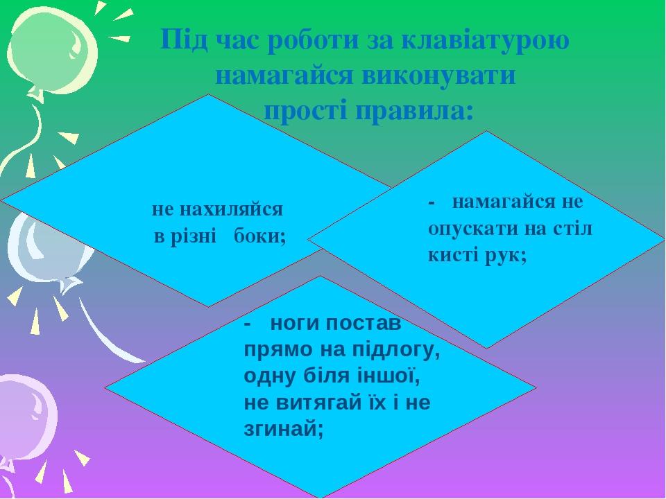 -   сиди прямо на стільчику, не нахиляйся в різні боки; -   намагайся не опускати на стіл кисті рук; -   ноги постав прямо на підлогу, одну біля ін...