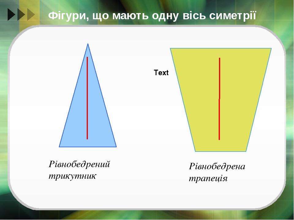 Фігури, що мають одну вісь симетрії Text Рівнобедрений трикутник Рівнобедрена трапеція