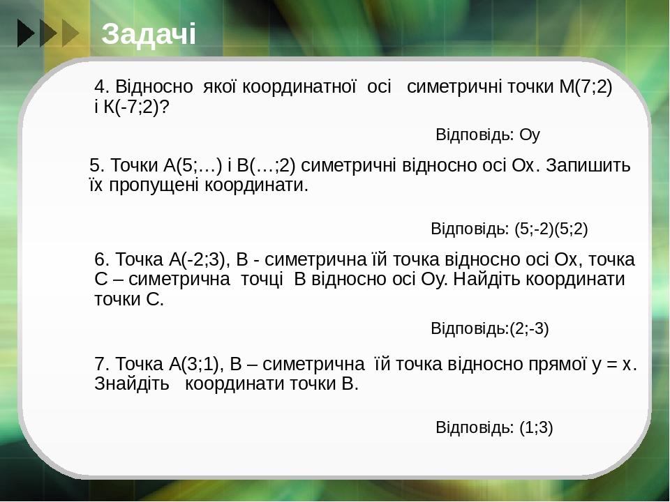 Задачі 4. Відносно якої координатної осі симетричні точки М(7;2) і К(-7;2)? 5. Точки А(5;…) і В(…;2) симетричні відносно осі Ох. Запишить їх пропущ...