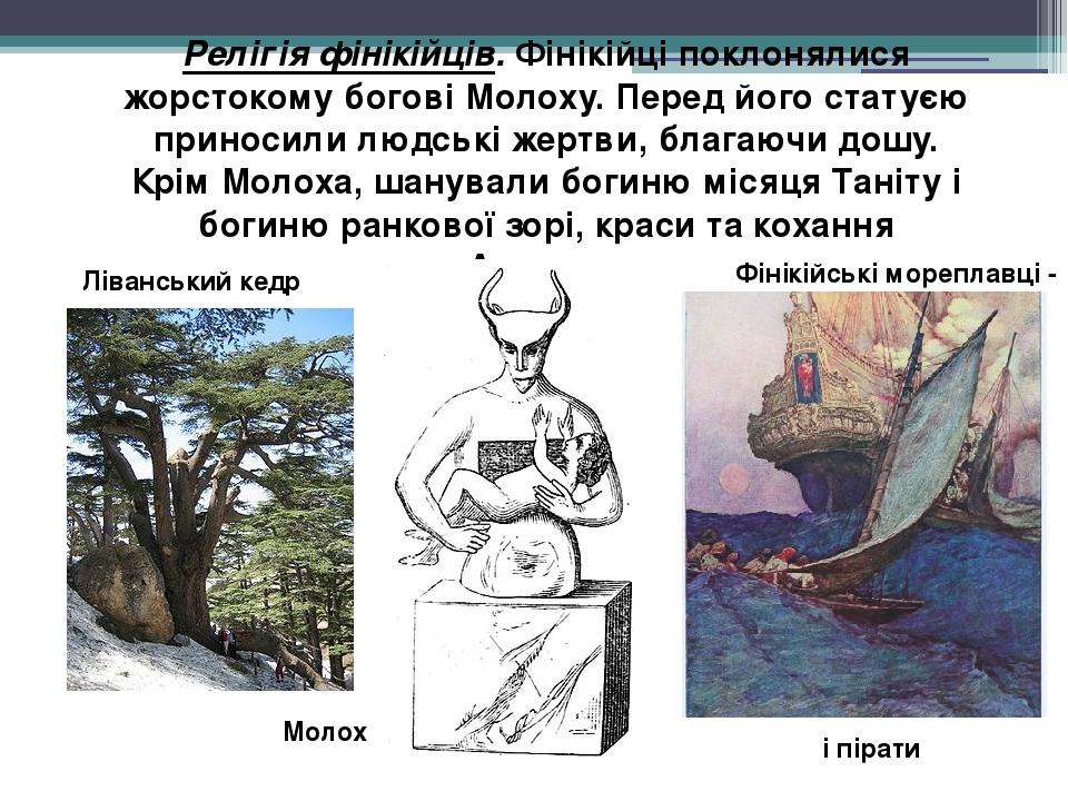Релігія фінікійців. Фінікійці поклонялися жорстокому богові Молоху. Перед його статуєю приносили людські жертви, благаючи дошу. Крім Молоха, шанува...