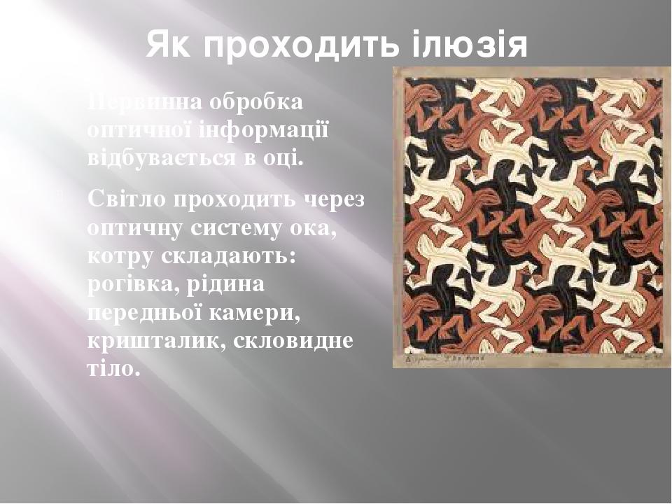 Як проходить ілюзія Первинна обробка оптичної інформації відбувається в оці. Світло проходить через оптичну систему ока, котру складають: рогівка, ...