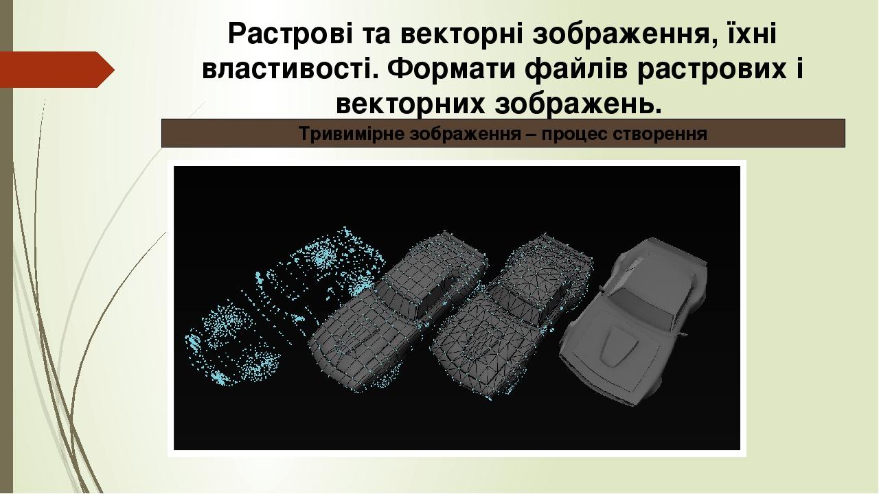 Растрові та векторні зображення, їхні властивості. Формати файлів растрових і векторних зображень. Тривимірне зображення – процес створення